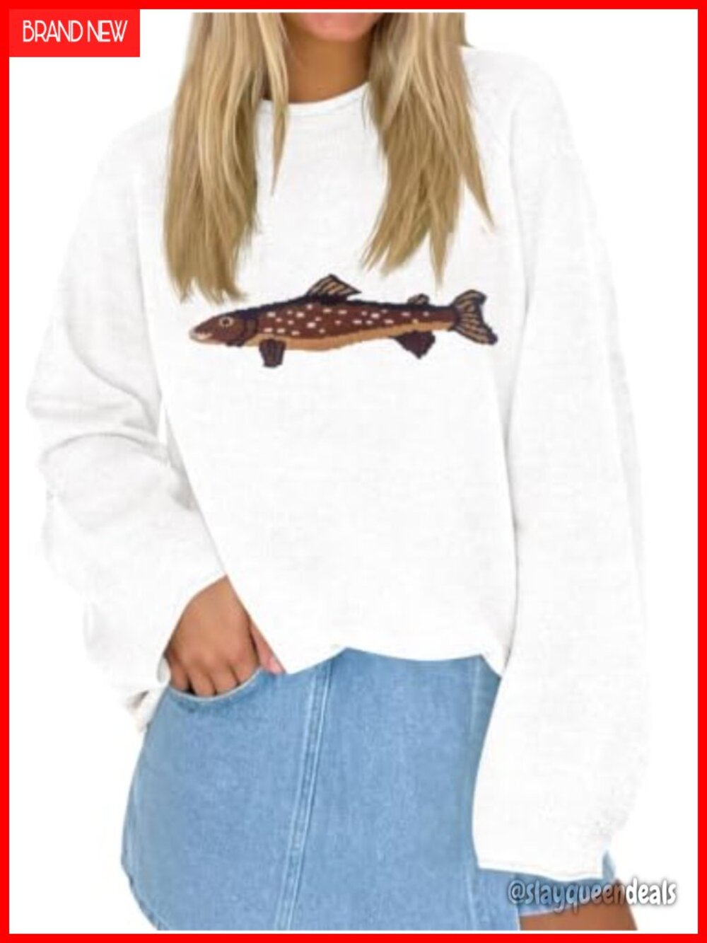 Oversized Fish Graphic Sweater Lightweight Knit Pullover Crew Neck